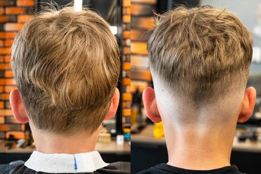 Skin Fade: (tapers all the way down to bare skin) Skin Fade: (tapers all the way down to bare skin)