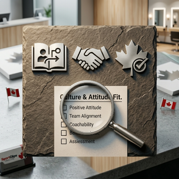 hiring A top-down flat-lay photograph on a textured dark grey slate surface, featuring three brushed metal icons: a 'training' book, a handshake, and a Canadian maple leaf with an 'execution' checkmark. Below them, a metal magnifying glass is placed over a paper checklist titled 'Culture & Attitude Fit.' Softly blurred reflections of a clean, modern service counter are visible in the background.