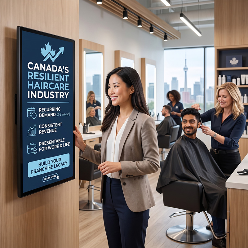 franchisee looking at a resilient haircare industry poster